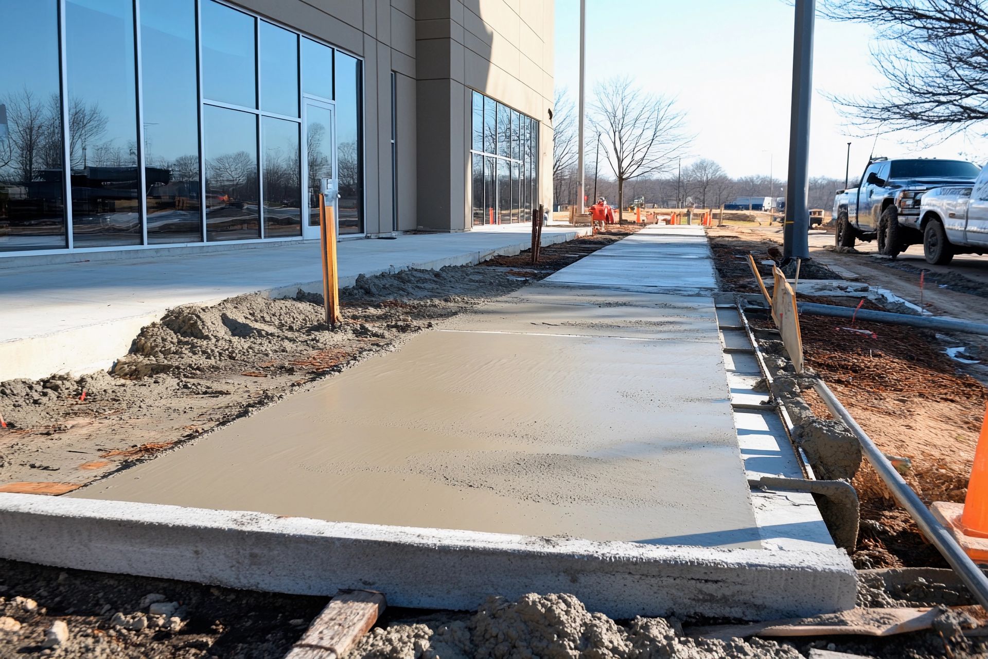 A concrete walkway is being built in front of a building