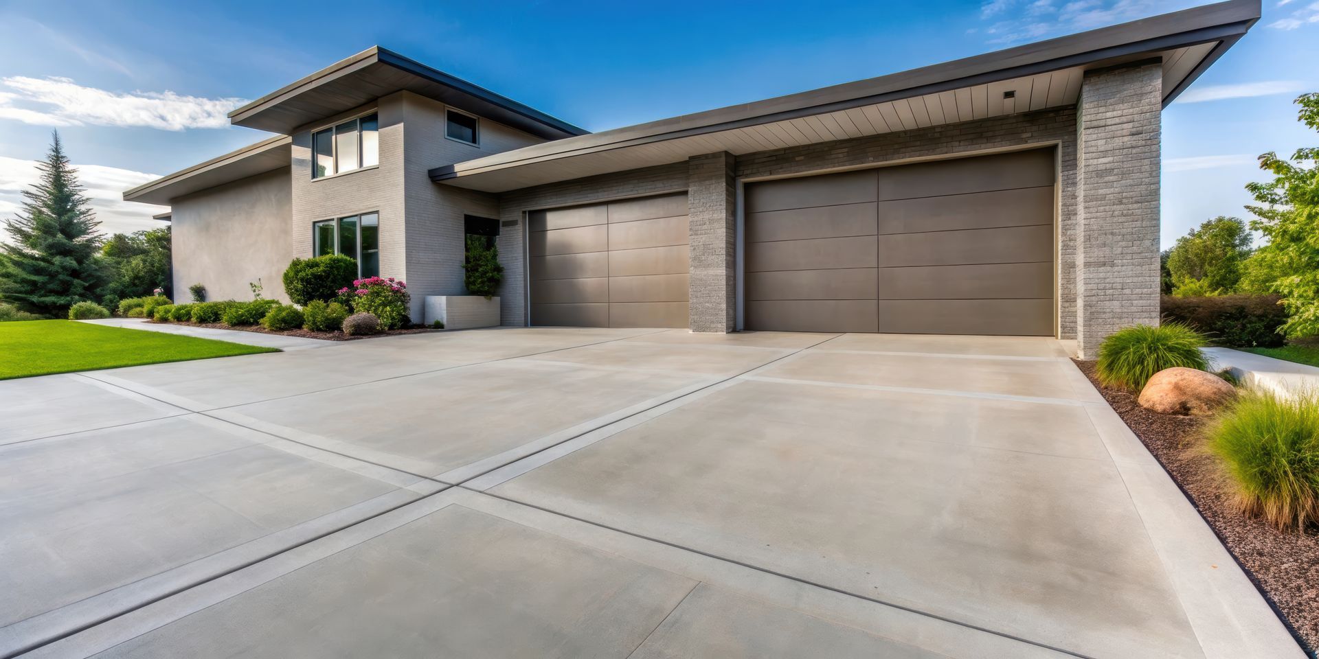 A large house with a concrete driveway in front of it.
