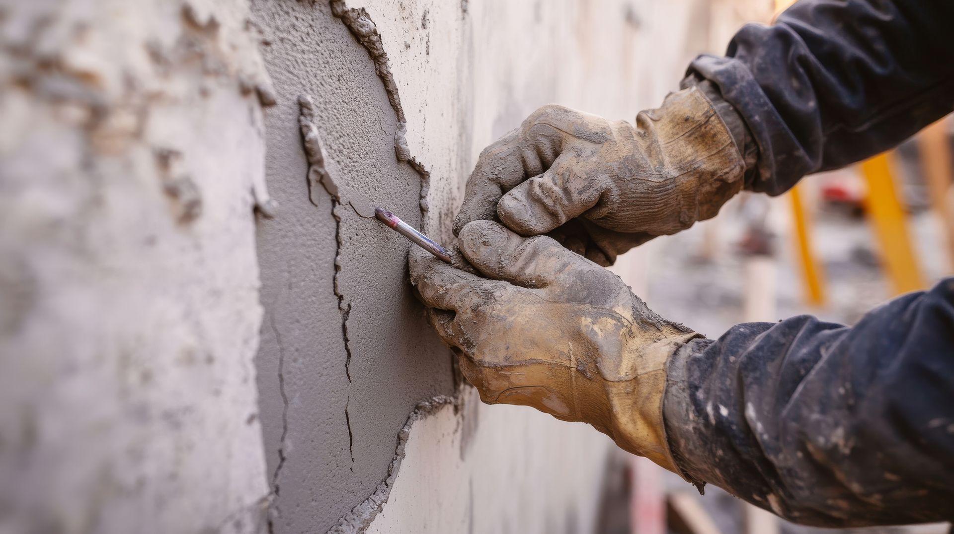 A man wearing gloves is plastering a wall with a trowel.