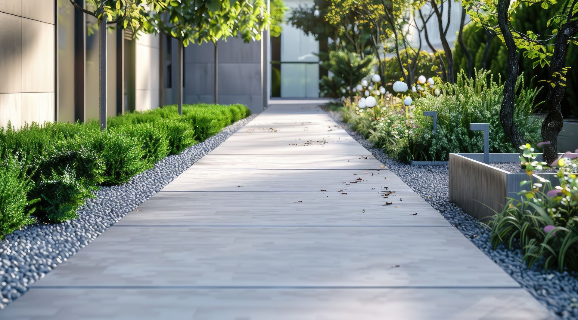A concrete walkway leading to a building surrounded by trees and bushes.