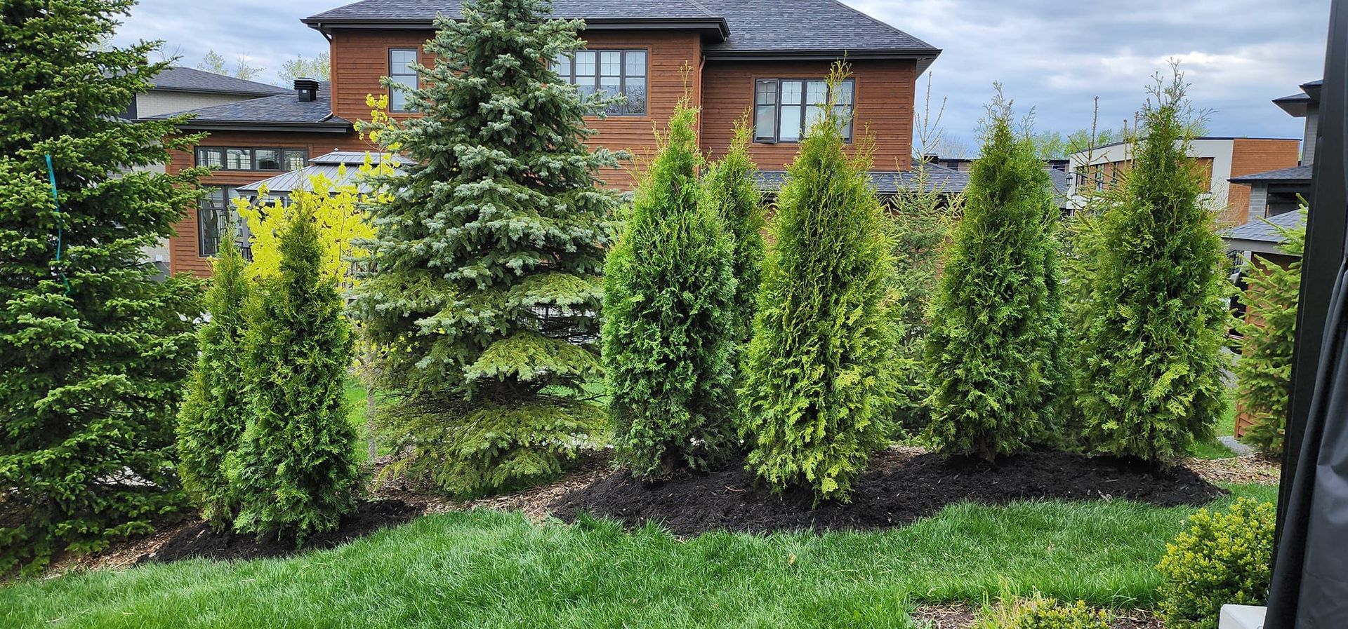 Une grande maison avec beaucoup d'arbres devant.
