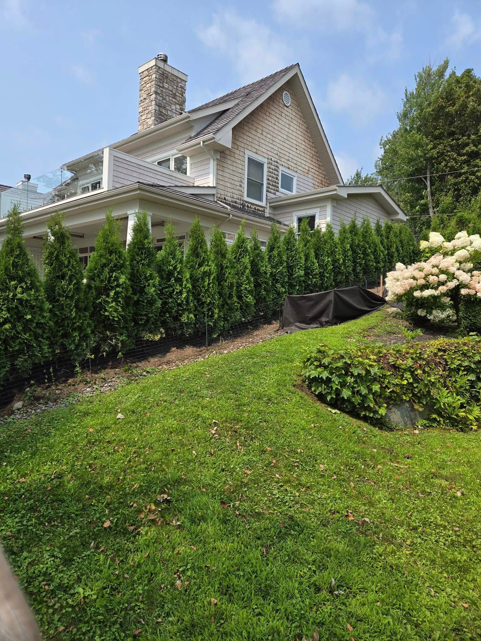 Une maison blanche avec une cheminée en pierre et un bardage en bardeaux de cèdre, dissimulée derrière une haie et un flanc de colline recouvert d'une herbe verte et luxuriante.