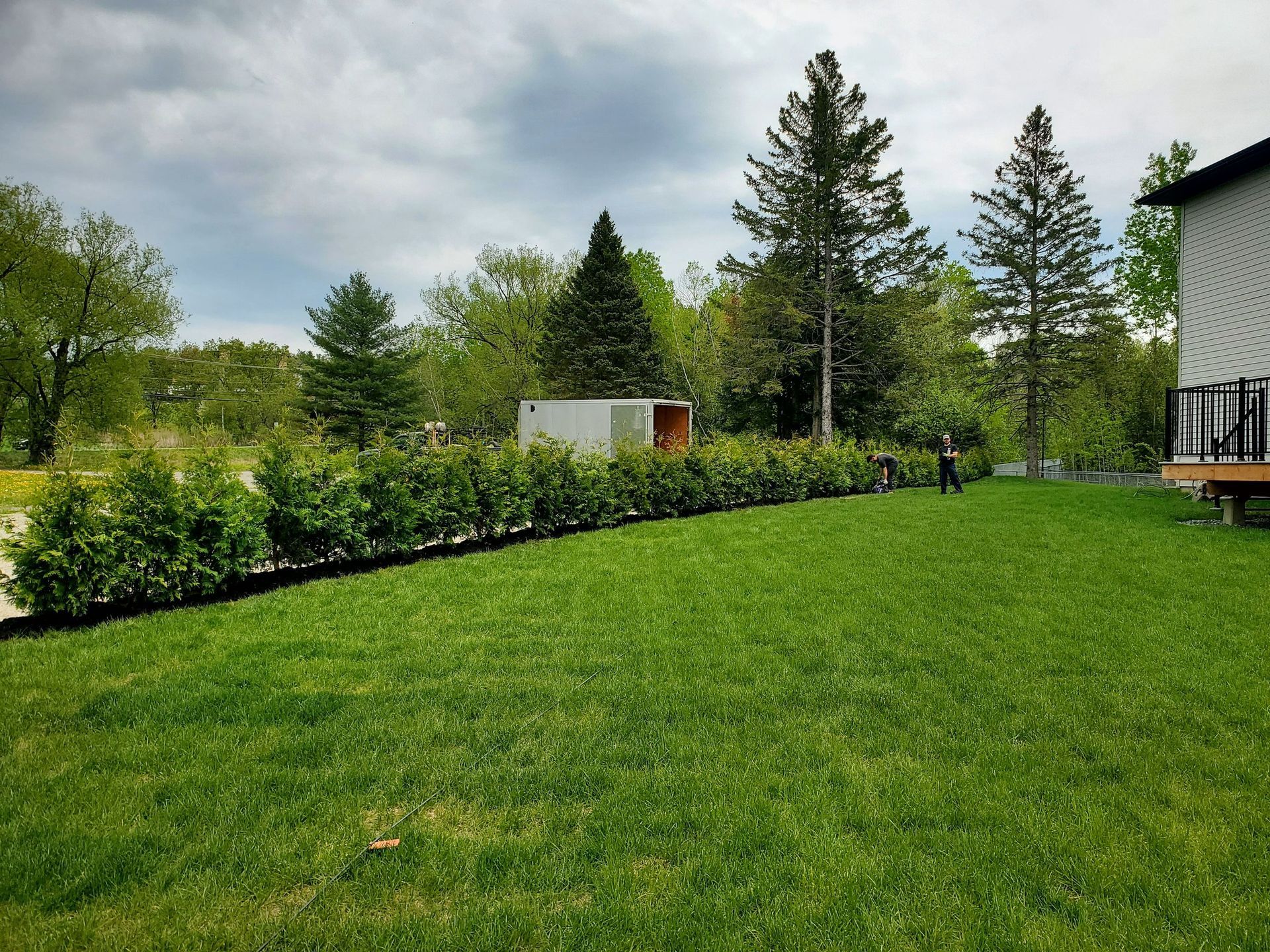 Une cour verdoyante avec une maison blanche en arrière-plan.