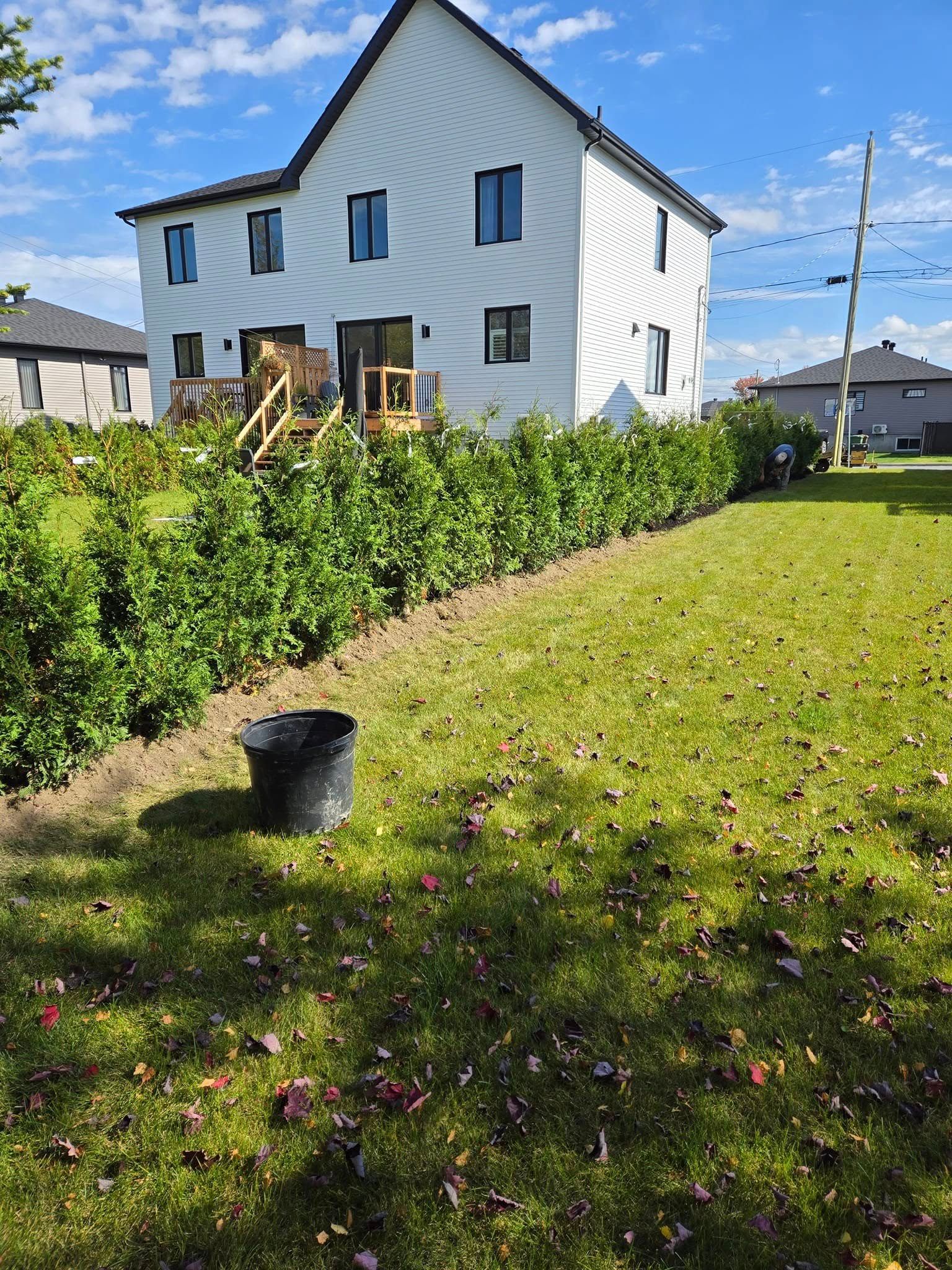 Maison blanche aux fenêtres sombres, buissons verts et pelouse par une journée ensoleillée. Un seau noir est visible au premier plan.