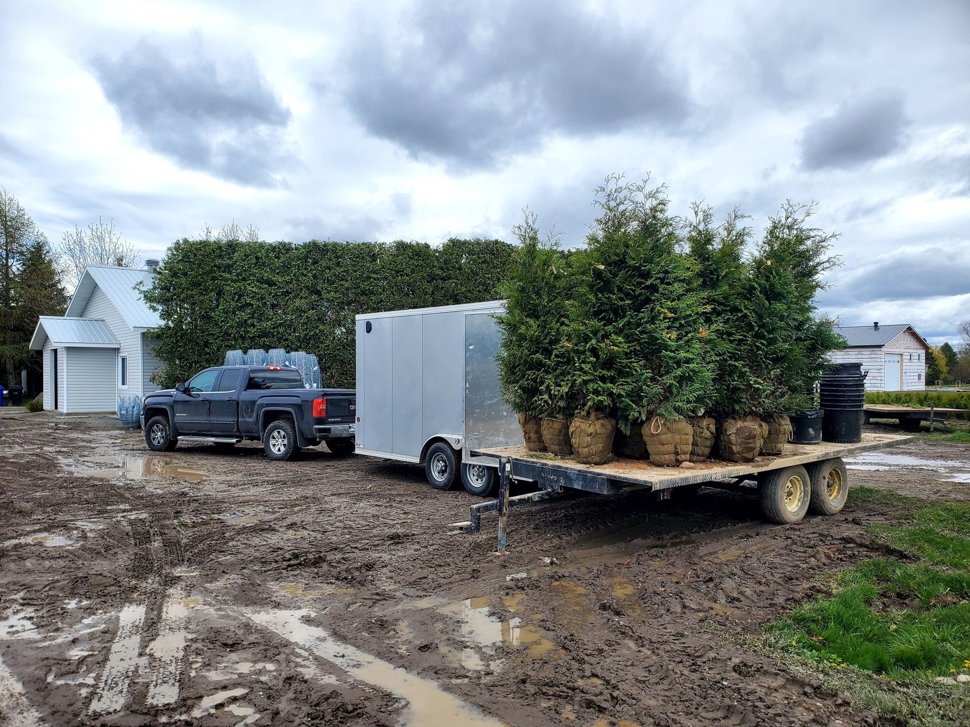 Un camion tire une remorque remplie de plantes en pot.
