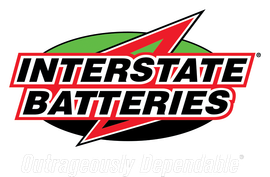 The logo for interstate batteries has a lightning bolt on it.