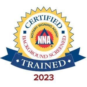 A certified notary signing agent background screened logo from 2023
