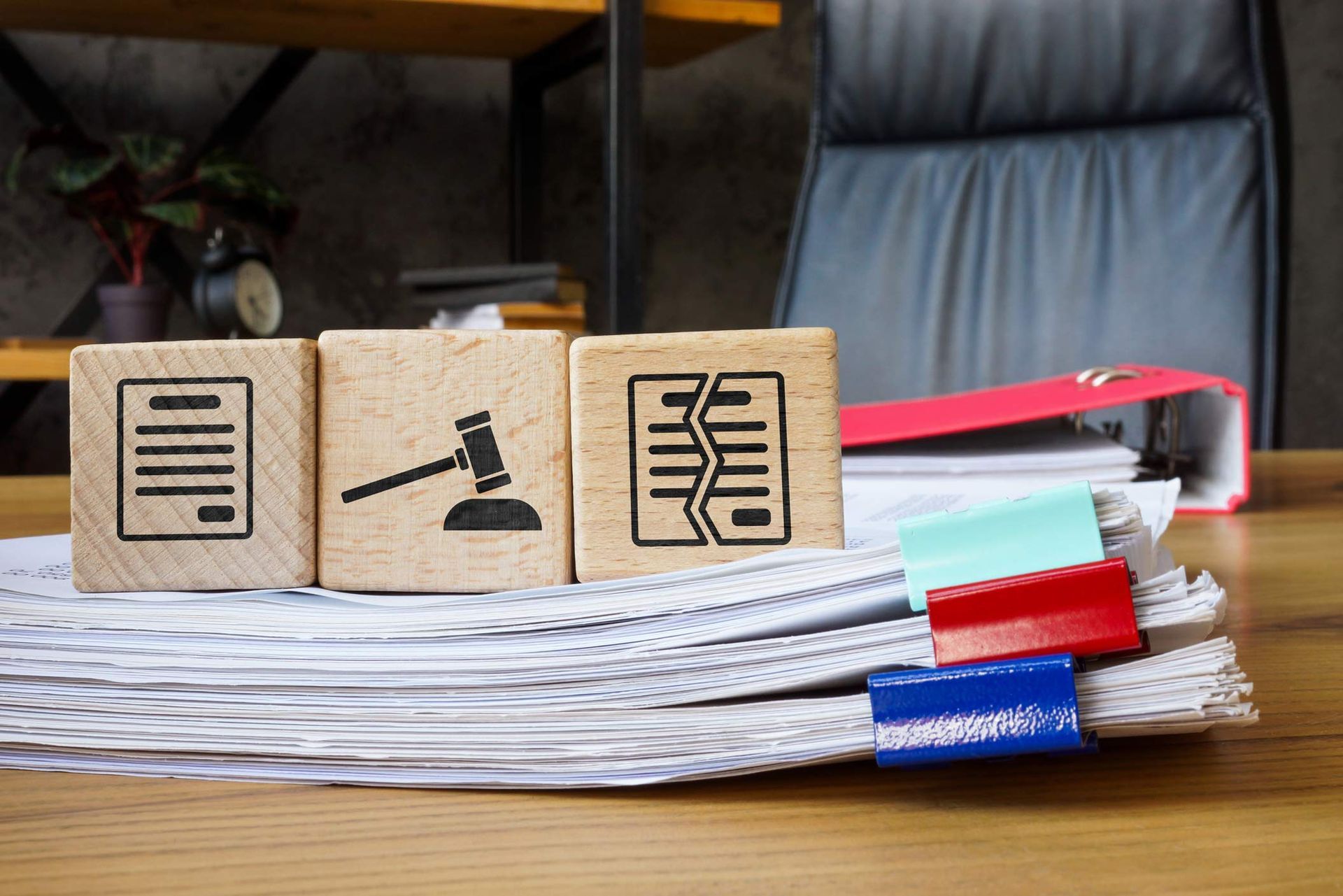 A wooden block with a judge 's gavel and a stack of papers on a wooden table.