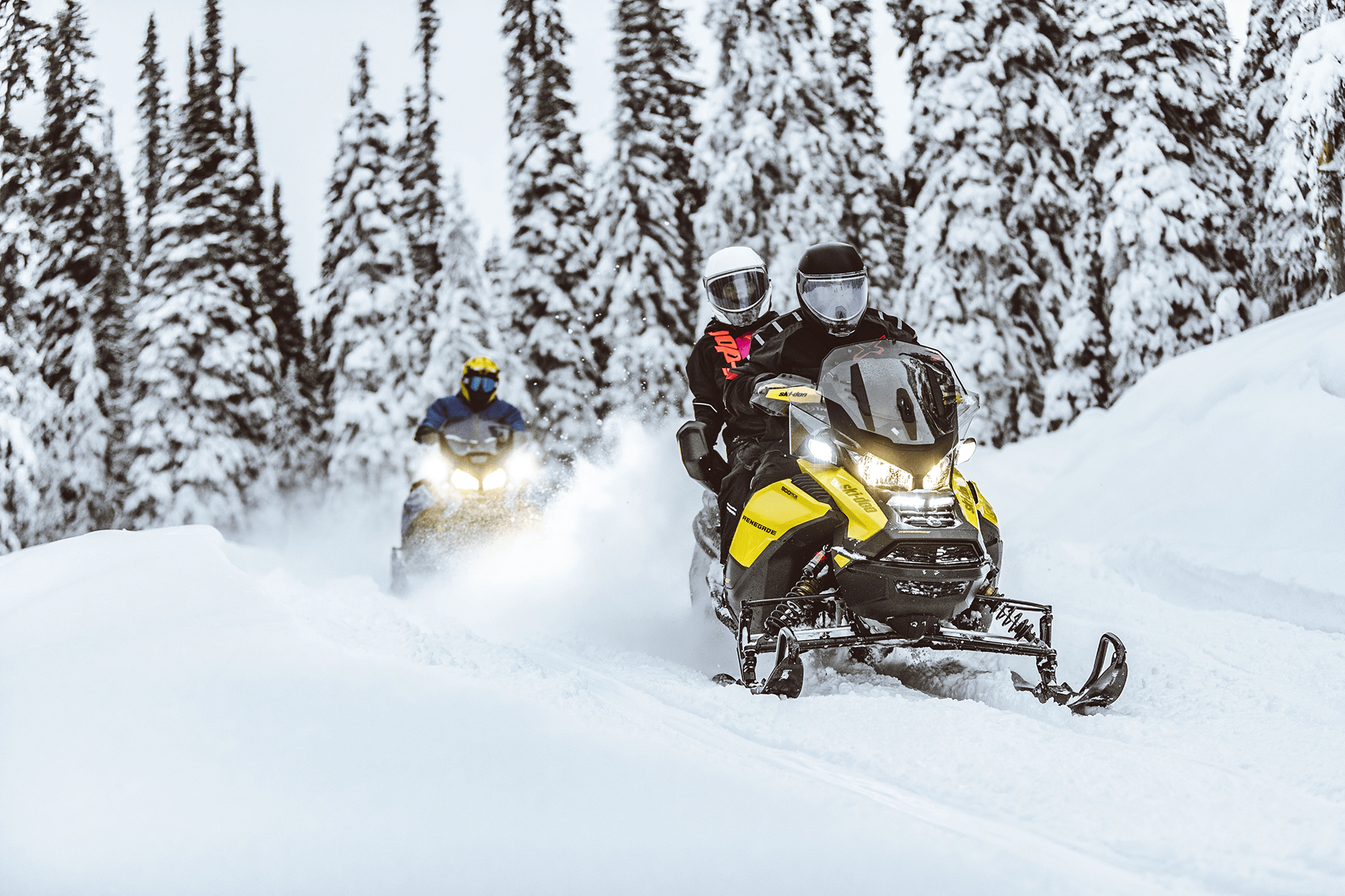 A family riding snowmobiles