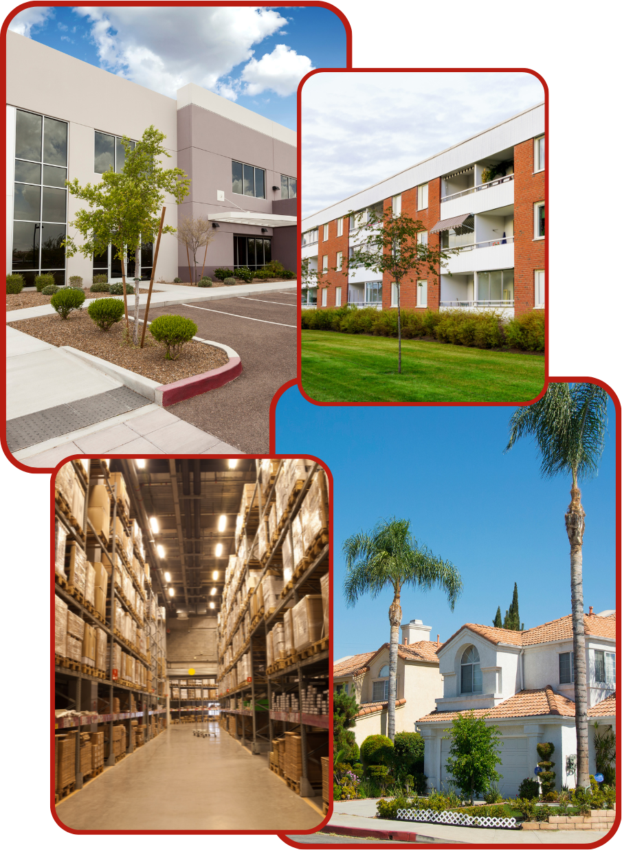 Buildings: office, apartment, warehouse, and houses against a blue sky.