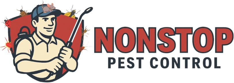 Logo: Pest control worker spraying, with bugs and text 
