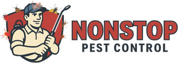 Logo: Pest control worker spraying, with bugs and text 