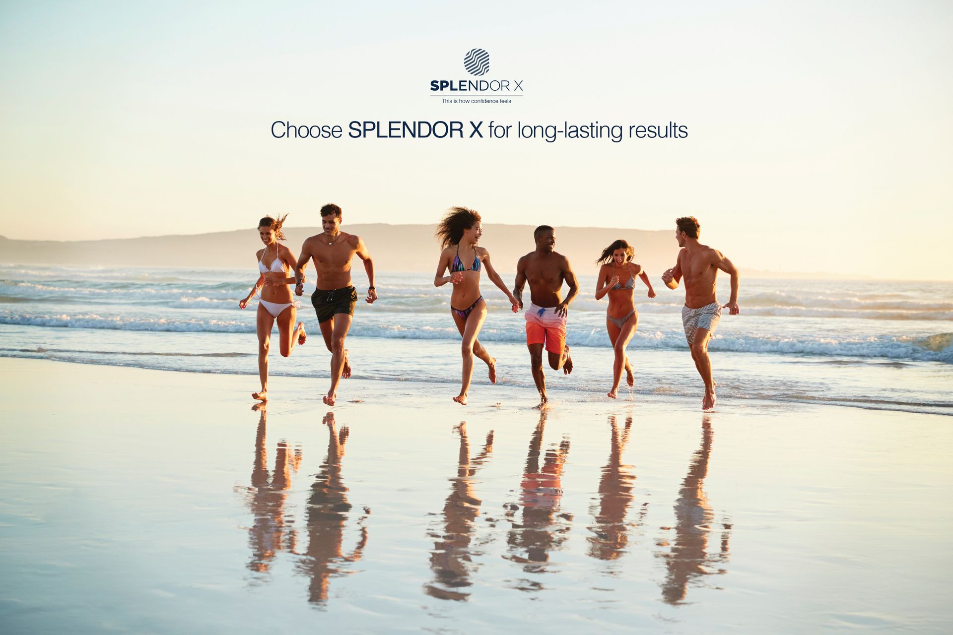 Splendor X promotional image, 6 fit looking people running on the beach in bathing suits