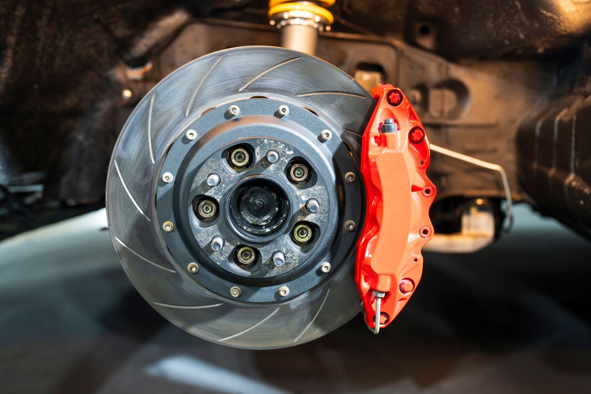 Close-up view of a car brake system.