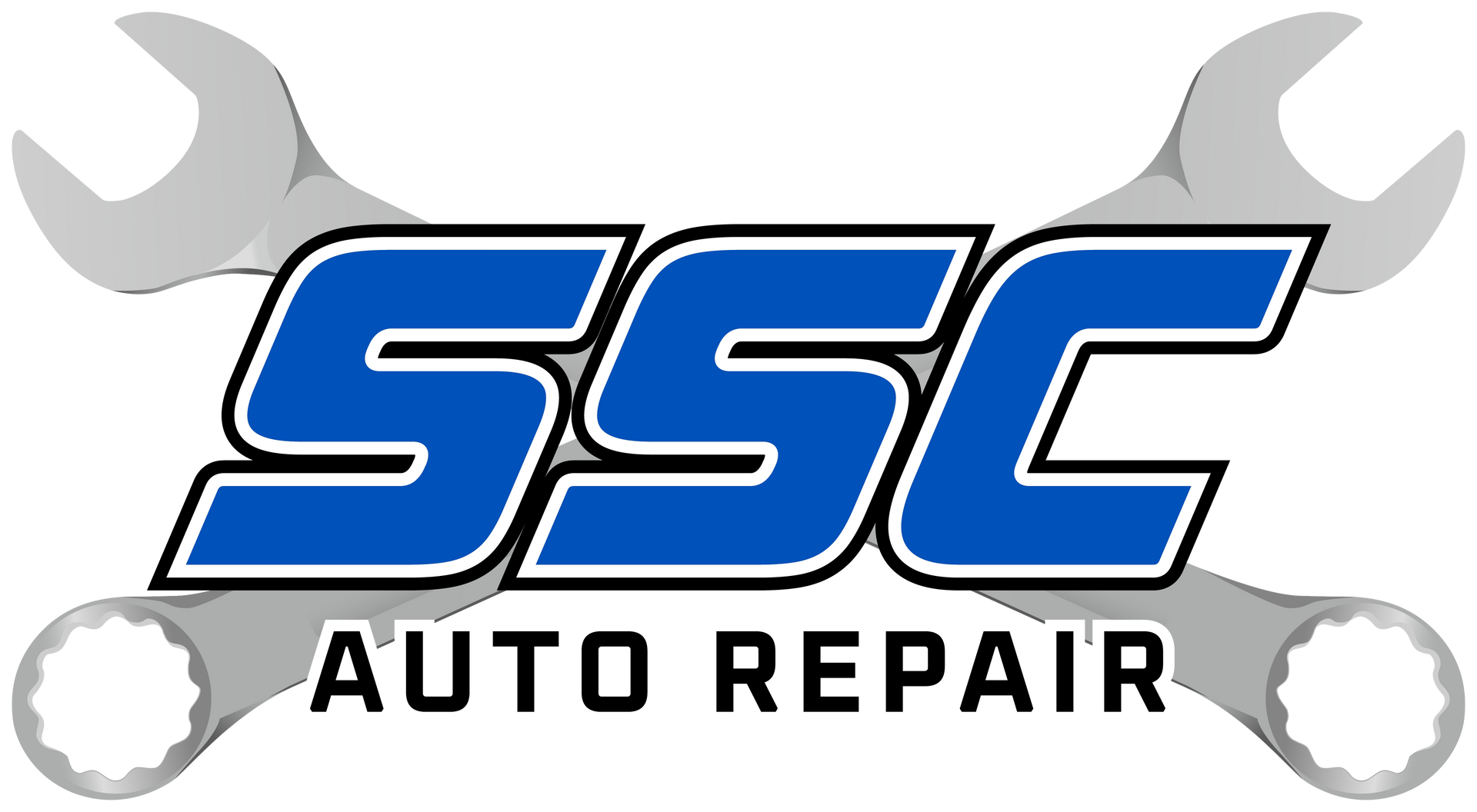 Logo for SSC Auto Repair: blue "SSC" with white and black outline, crossed wrenches, and "AUTO REPAIR."
