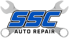 Logo for SSC Auto Repair: blue "SSC" with white and black outline, crossed wrenches, and "AUTO REPAIR."