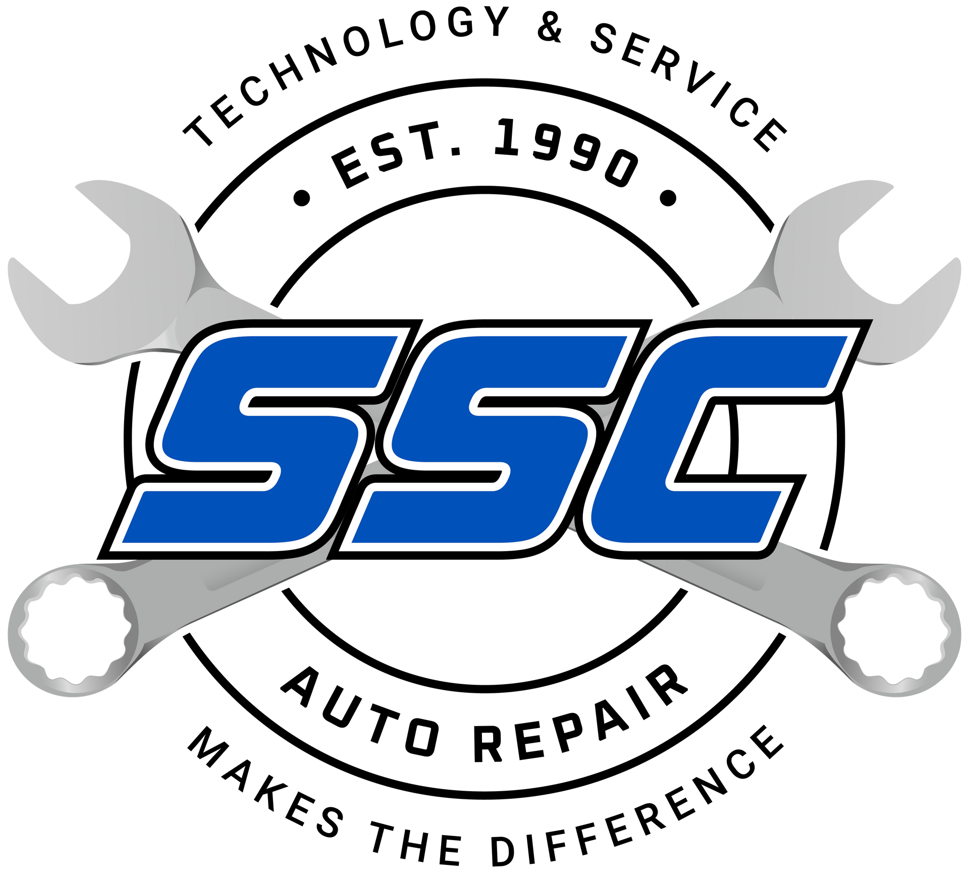 Logo: SSC Auto Repair, with blue and white stylized letters, crossed wrenches, and text