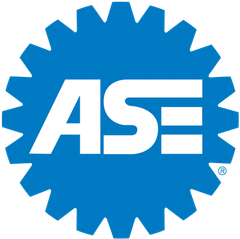 Blue ASE certification logo with a gear-shaped border and white letters: 