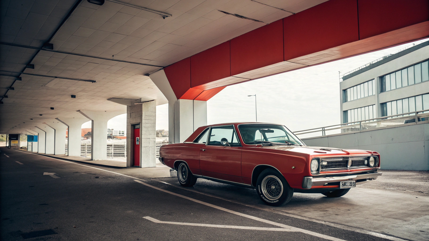 Mid-century modern credenza with a lamp and decorative objects, in a sunlit room.