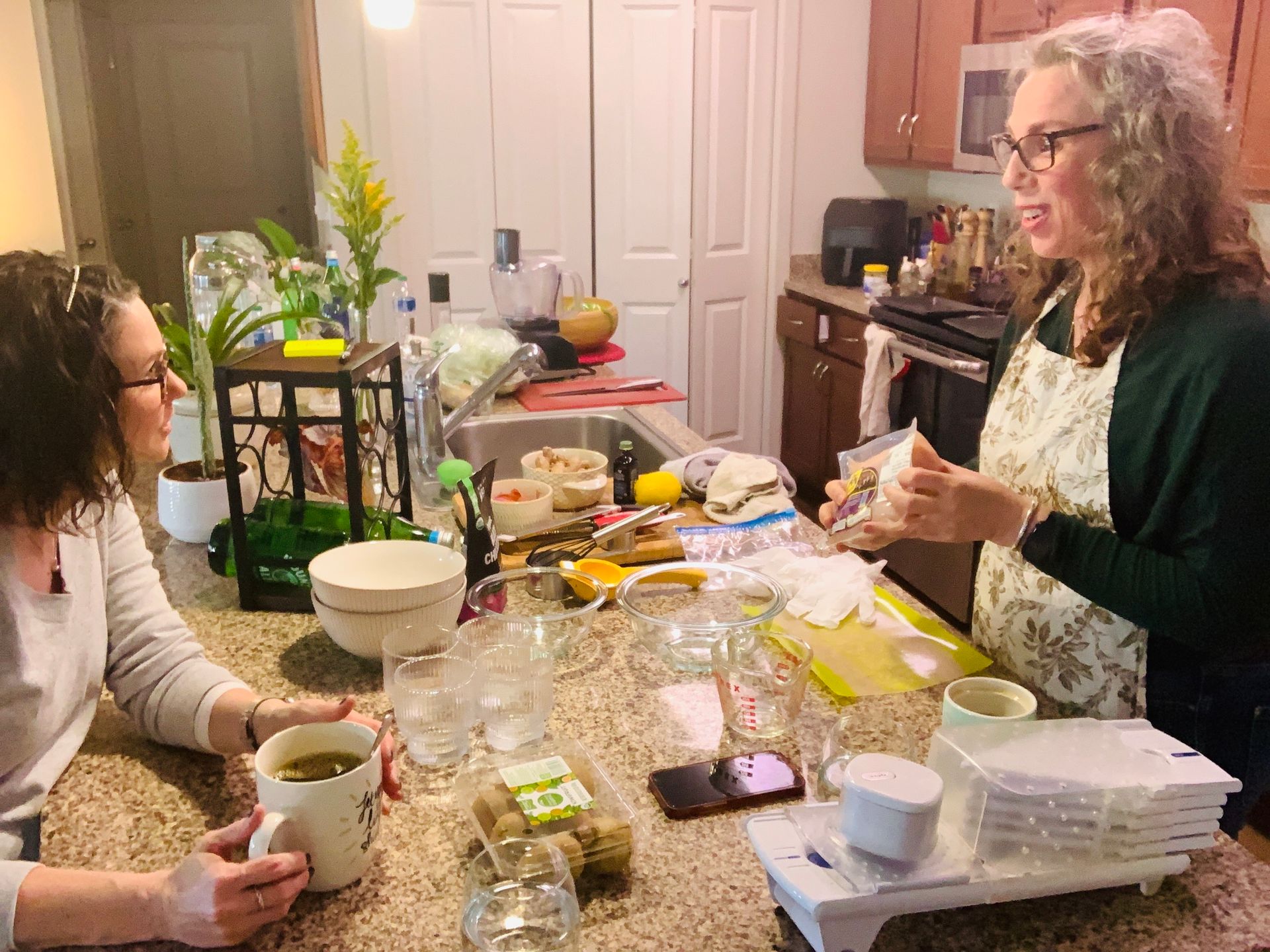 Two women are sitting at a kitchen counter drinking tea and talking.