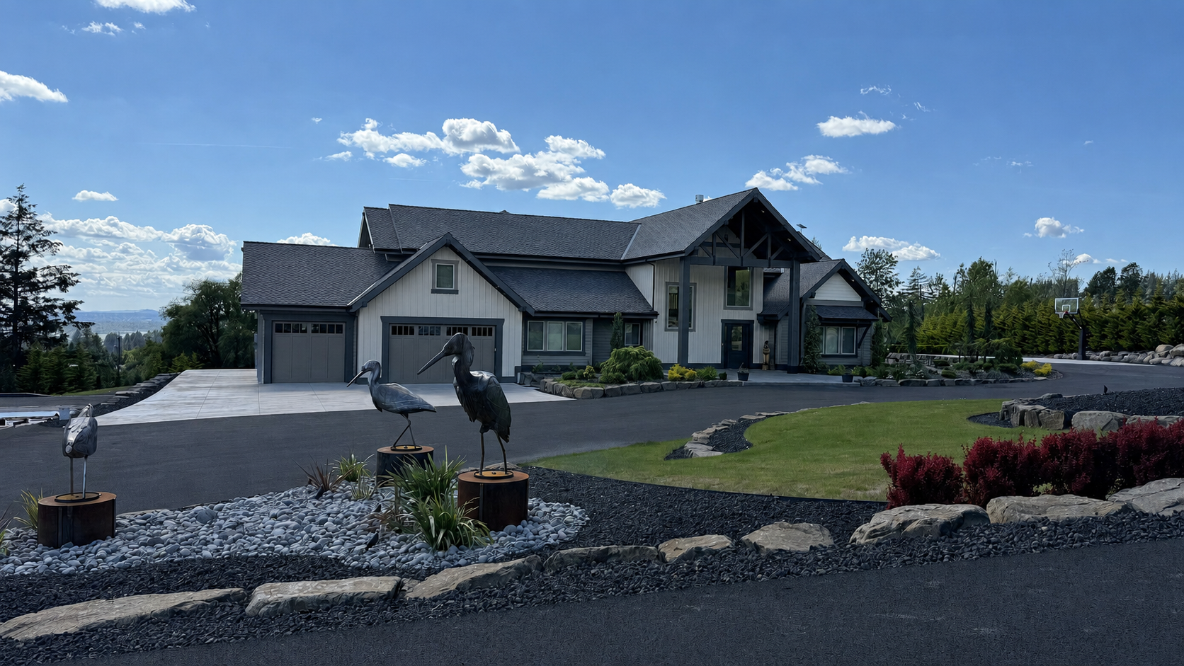 Luxury custom home exterior with driveway, landscaping, and mountain view in Vancouver, WA.