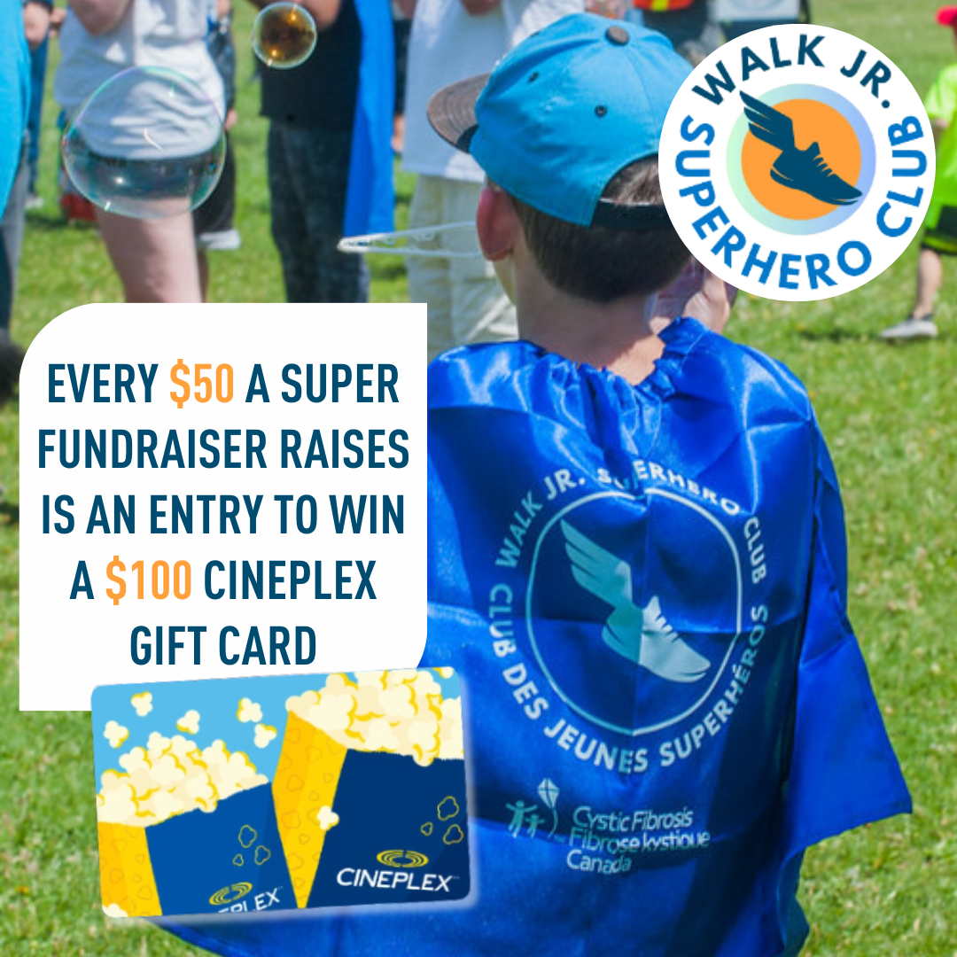 A young fundraiser wears his superhero cape and a movie gift card is overlayed on the image.