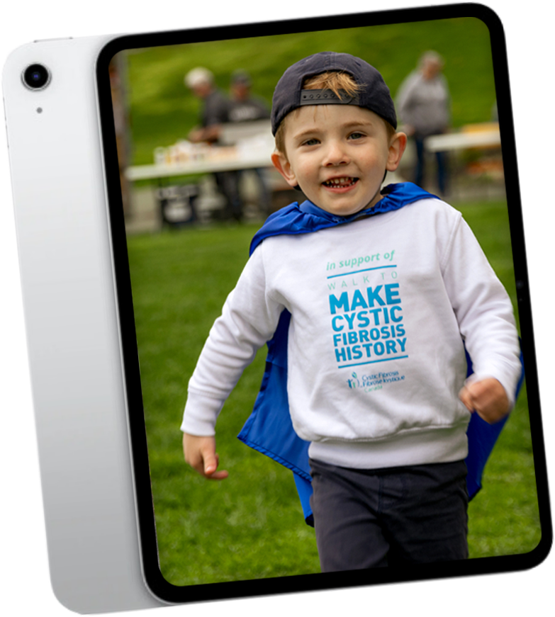 An Apple IPad with a full screen image of a young walker wearing his event tee.
