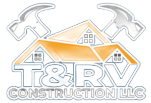 Logo for T & R V Construction LLC featuring a house outline, crossed hammers, and company name.