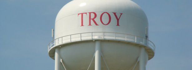 White water tower with the name