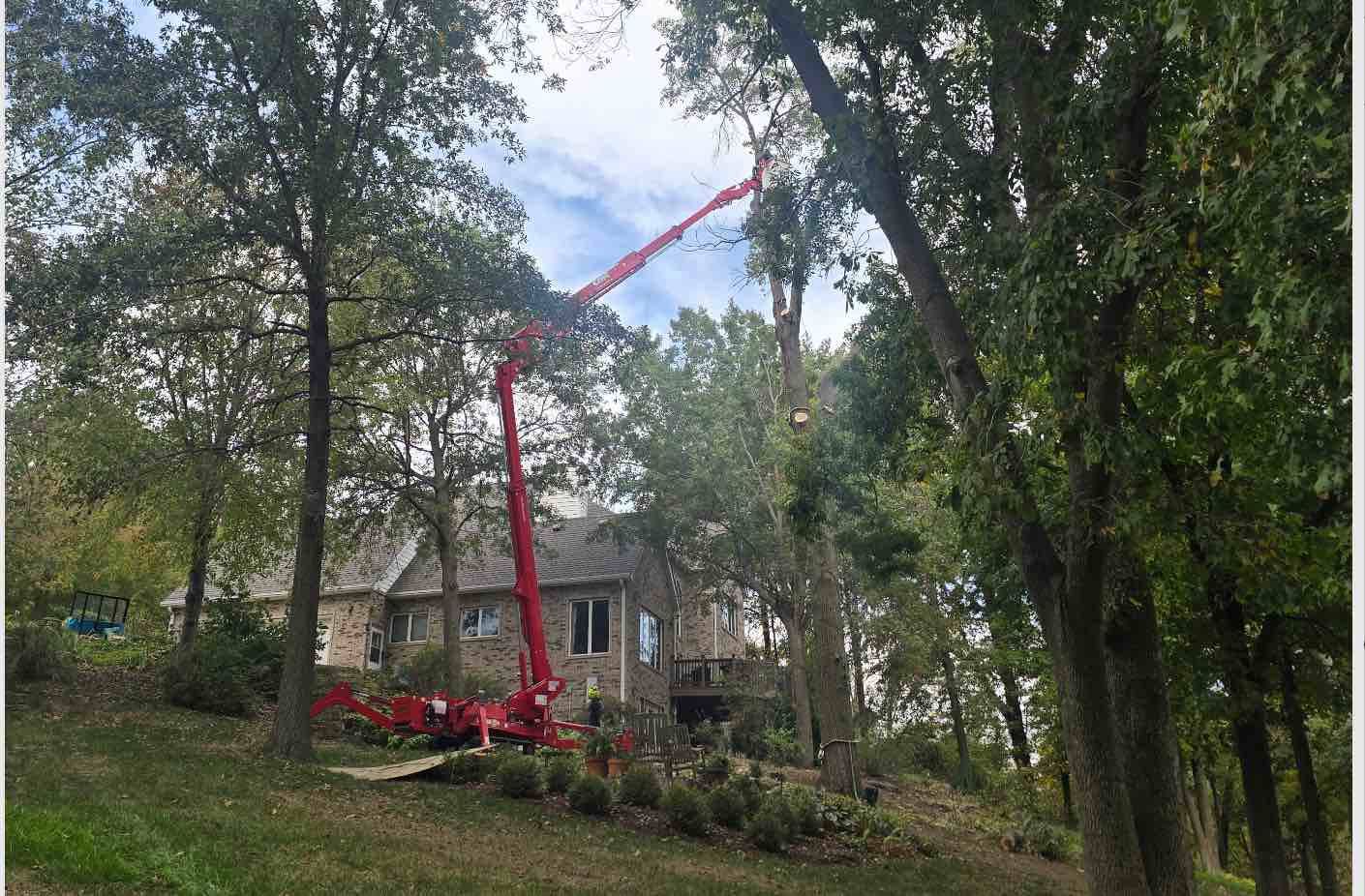 Red boom lift trimming trees near a house on a hillside.