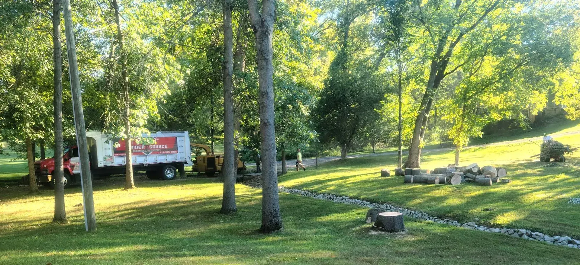 A truck parked in a grassy clearing surrounded by trees on a sunny day.