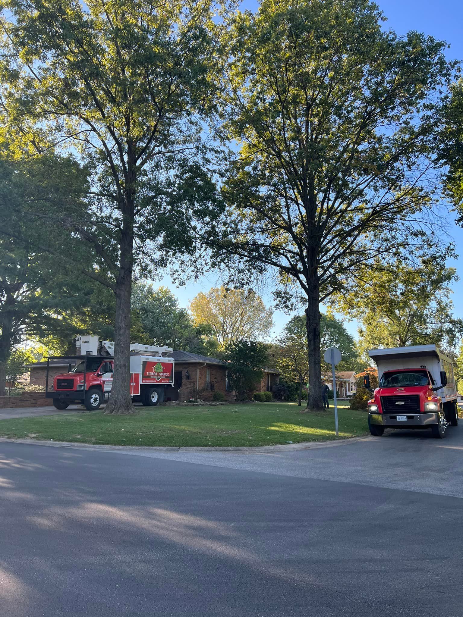 Two red trucks parked near a house under trees.