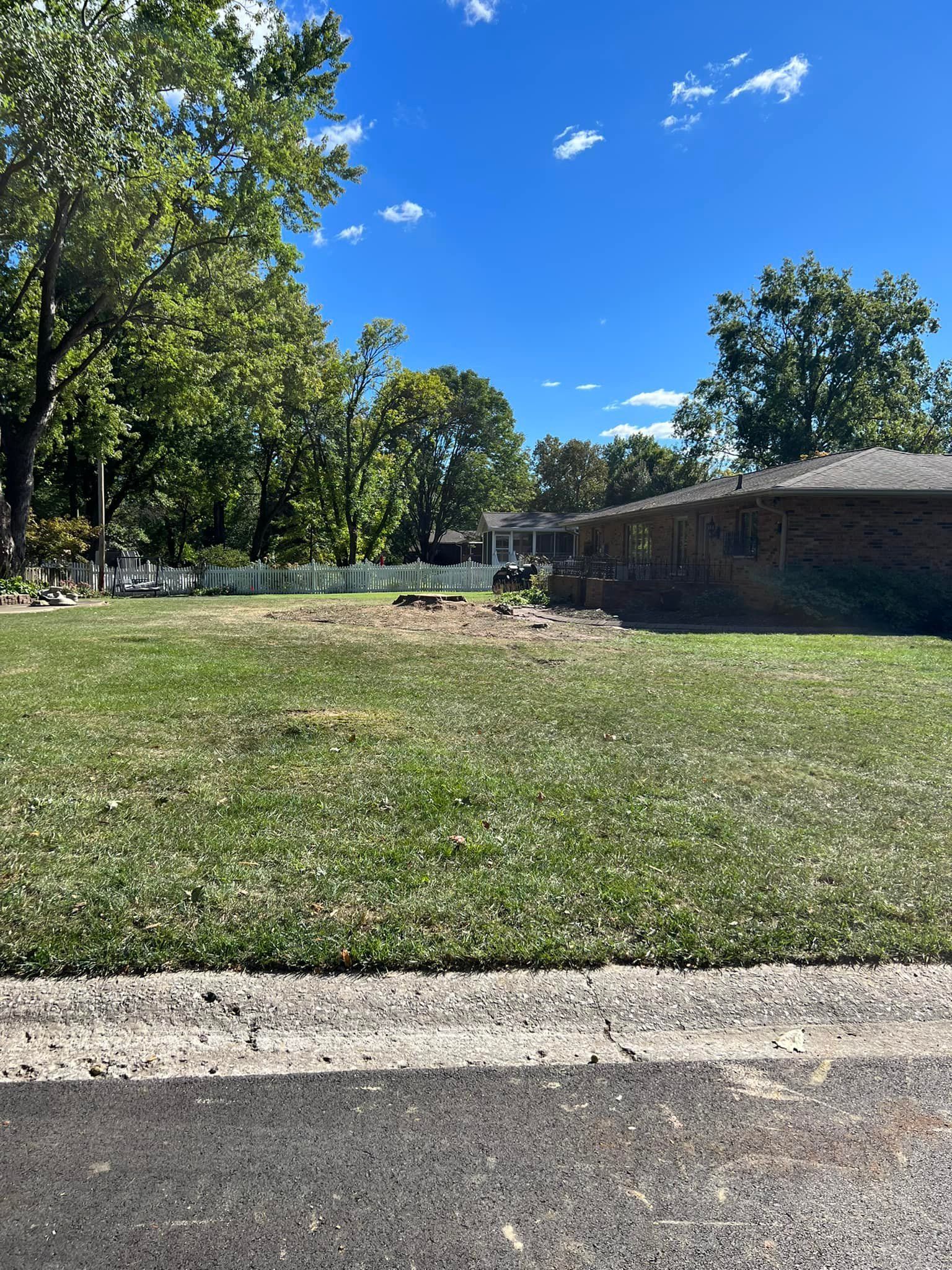 Lawn with a few trees and a brick house under a blue sky.