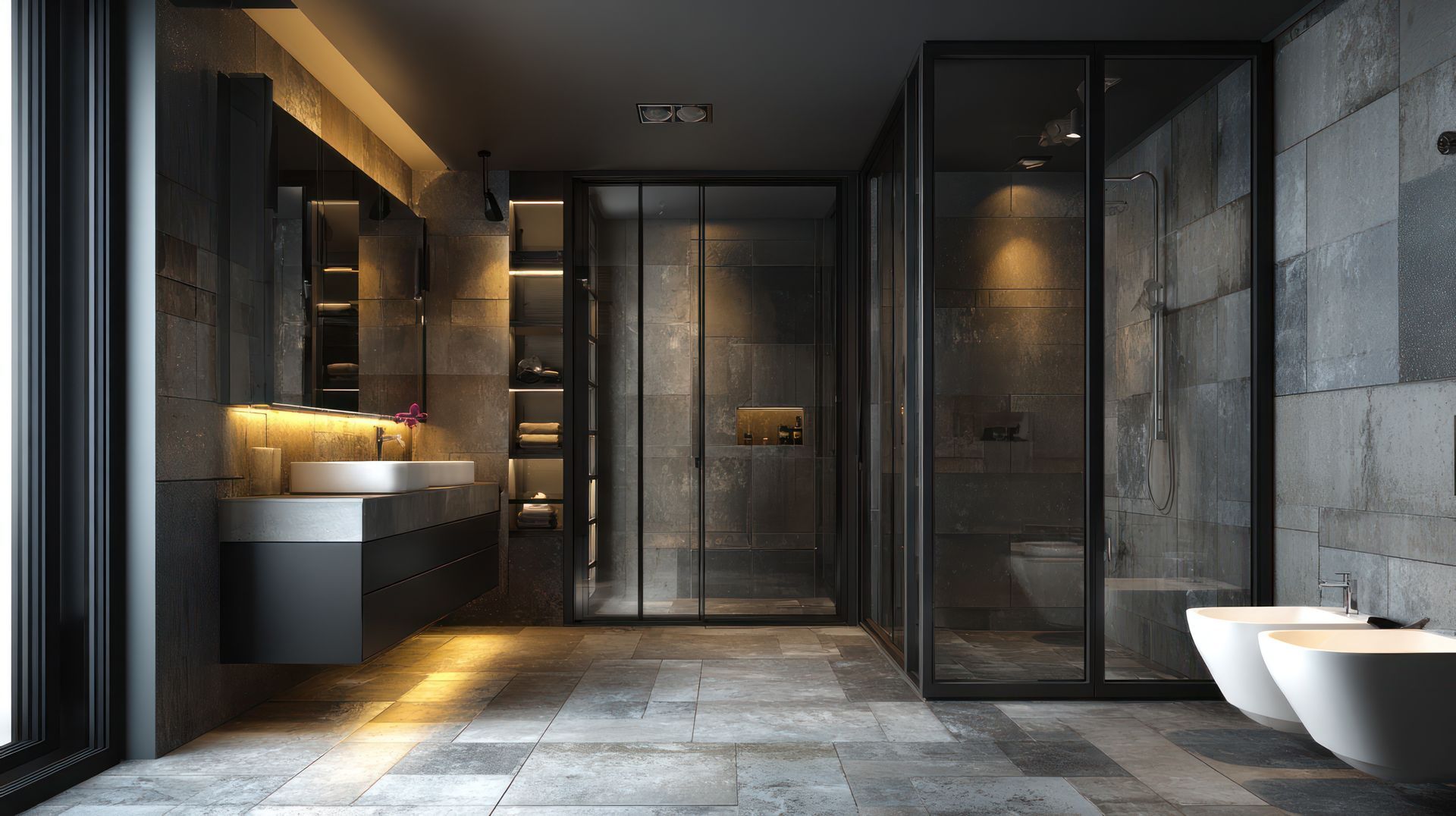 Modern gray bathroom with stone walls, glass shower, and illuminated shelving.