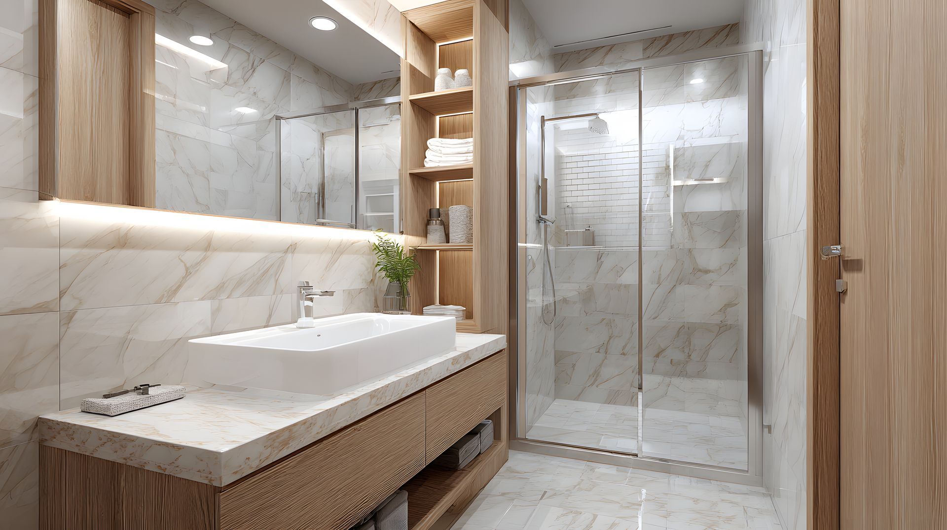 Modern bathroom with marble walls, wooden cabinets, glass shower, and rectangular sink.