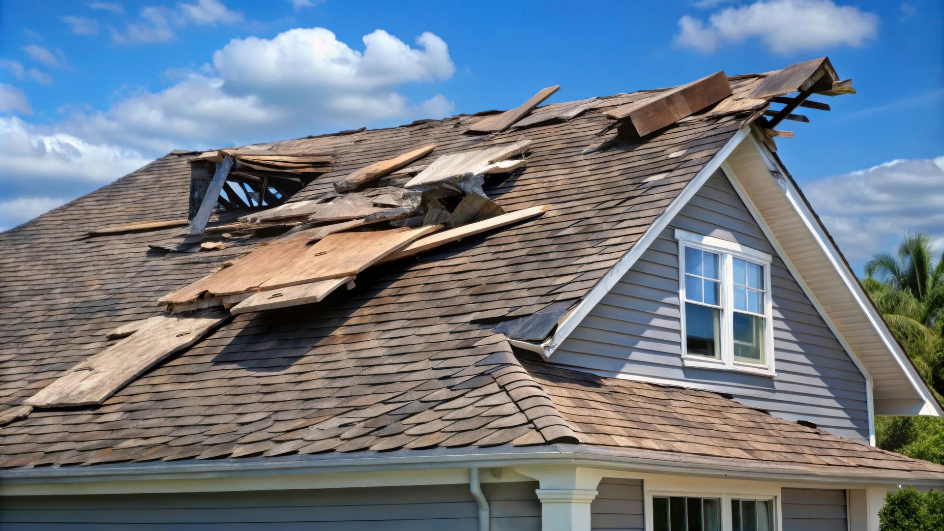 Damaged house roof with missing shingles and exposed structure under blue sky.