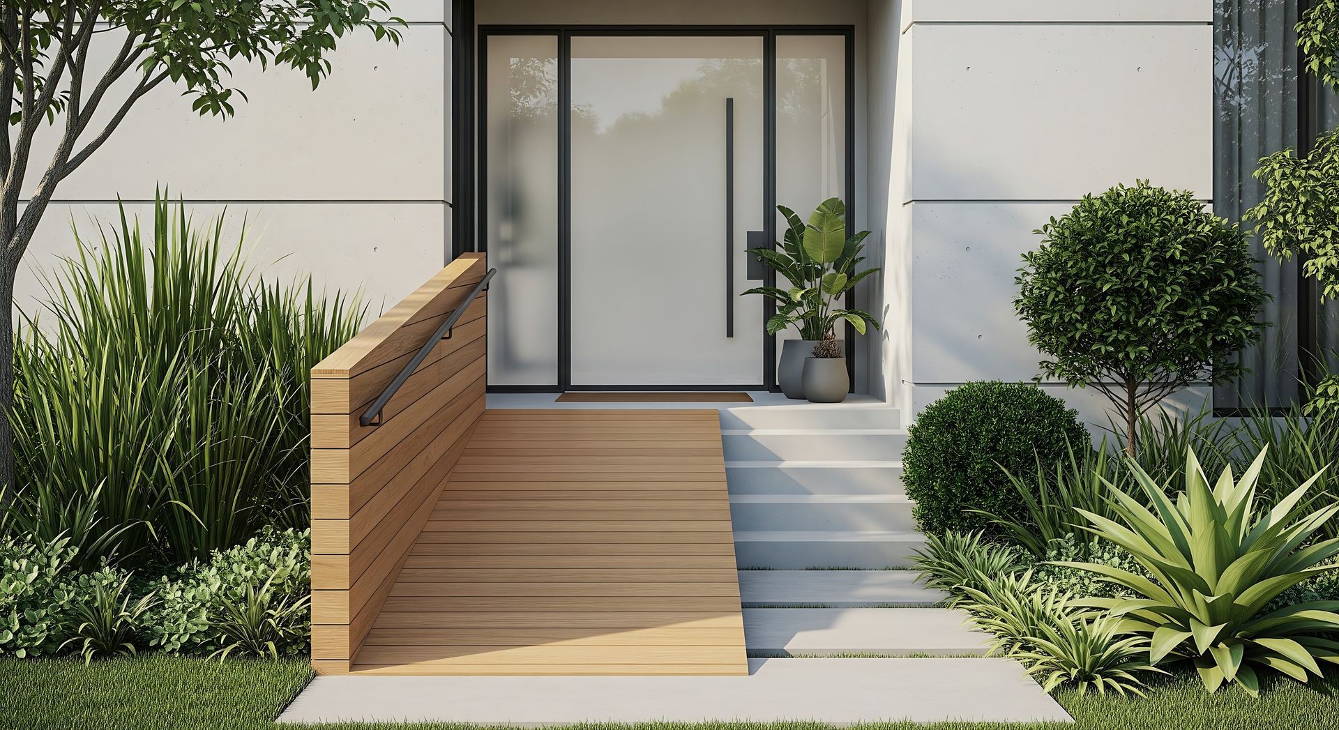 Exterior view of a modern home with a wooden ramp and steps leading to the front door. Lush greenery surrounds the entrance. Exterior view of a modern home with a wooden ramp and steps leading to the front door. Lush greenery surrounds the entrance.