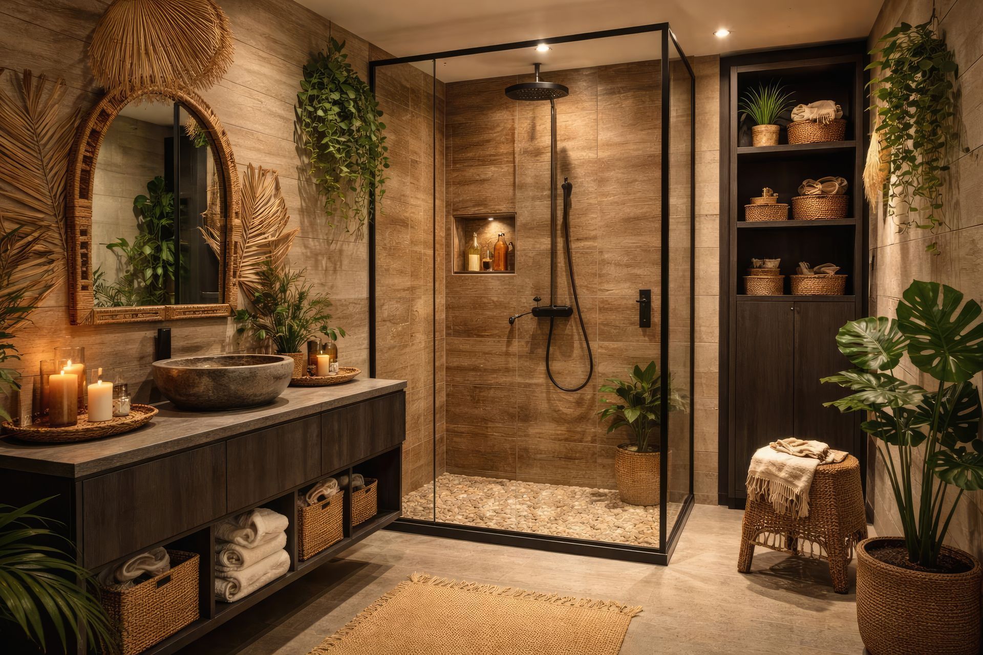 Bohemian bathroom with wooden vanity, glass shower, stone walls, plants, and wicker accents.