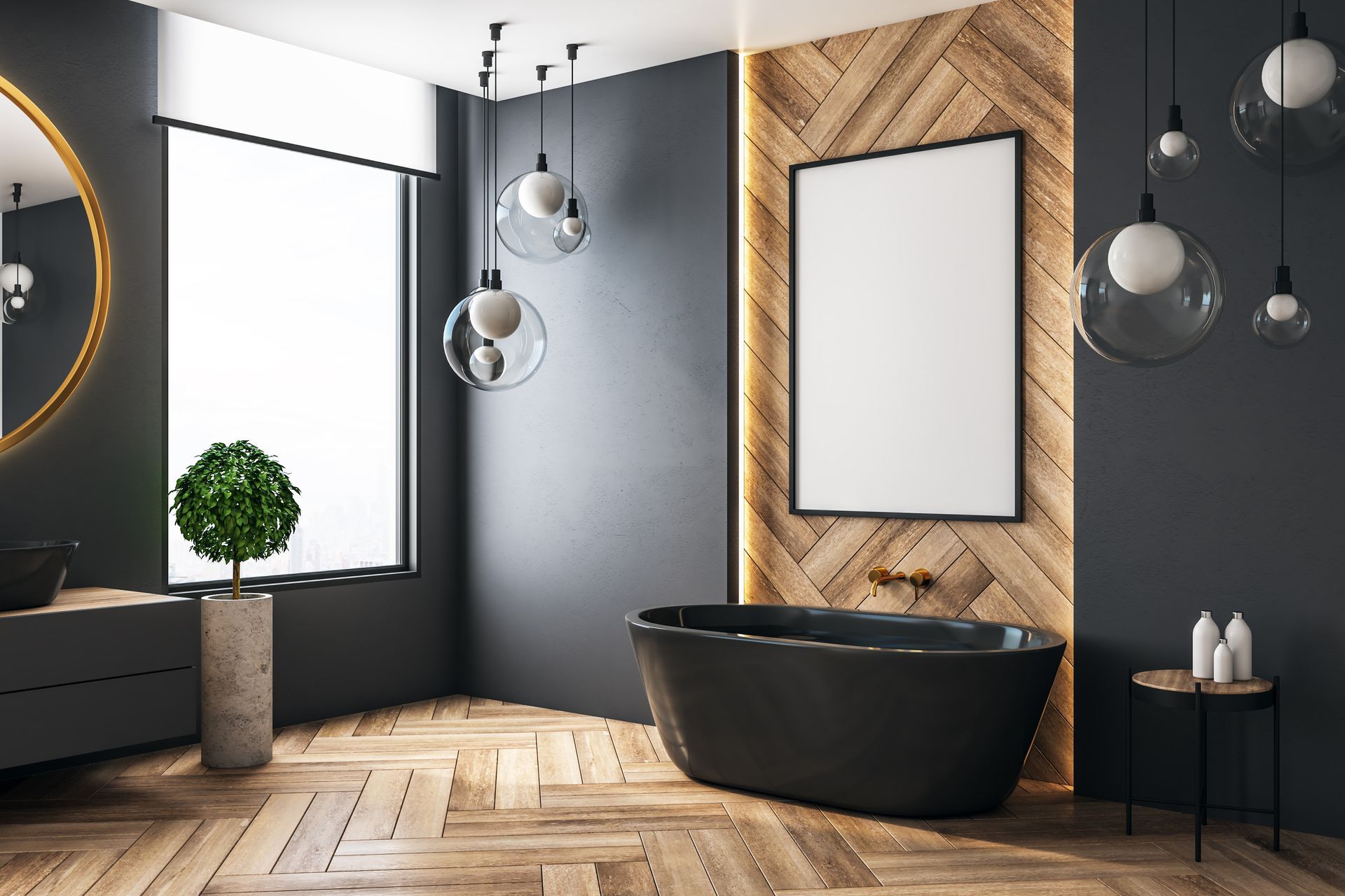 Modern bathroom with black bathtub, wood paneling, and globe pendant lights. Modern bathroom with black bathtub, wood paneling, and globe pendant lights.