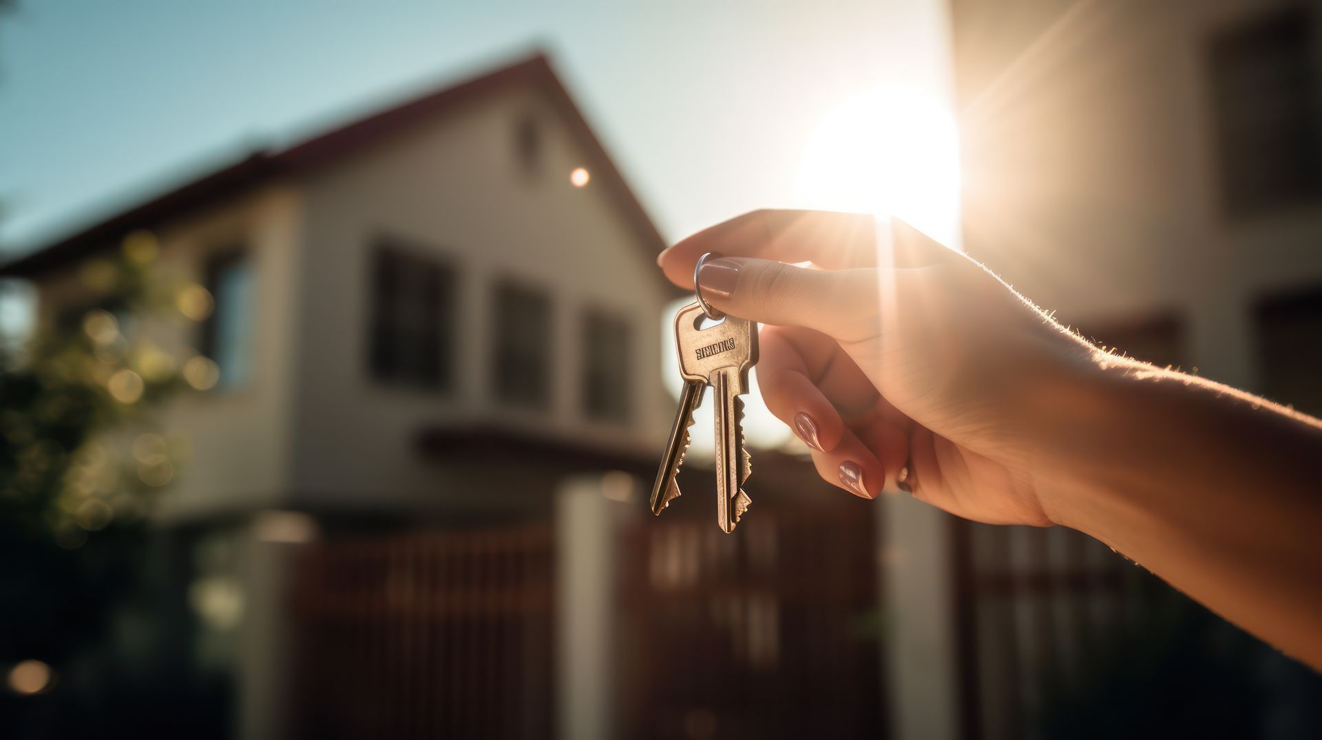 Hand holding keys in front of a house, bright sunlight in background.