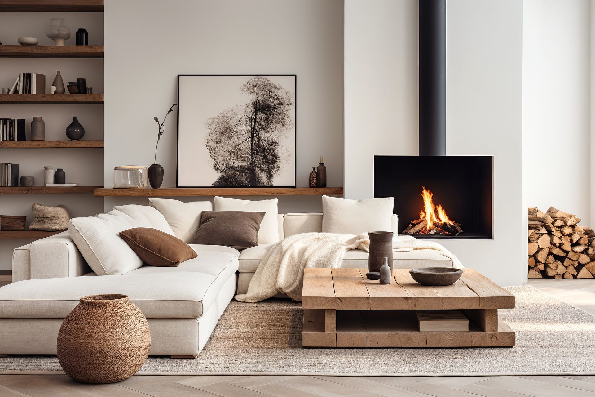Cozy living room with fireplace, white sectional sofa, wooden coffee table, and open shelving. Cozy living room with fireplace, white sectional sofa, wooden coffee table, and open shelving.