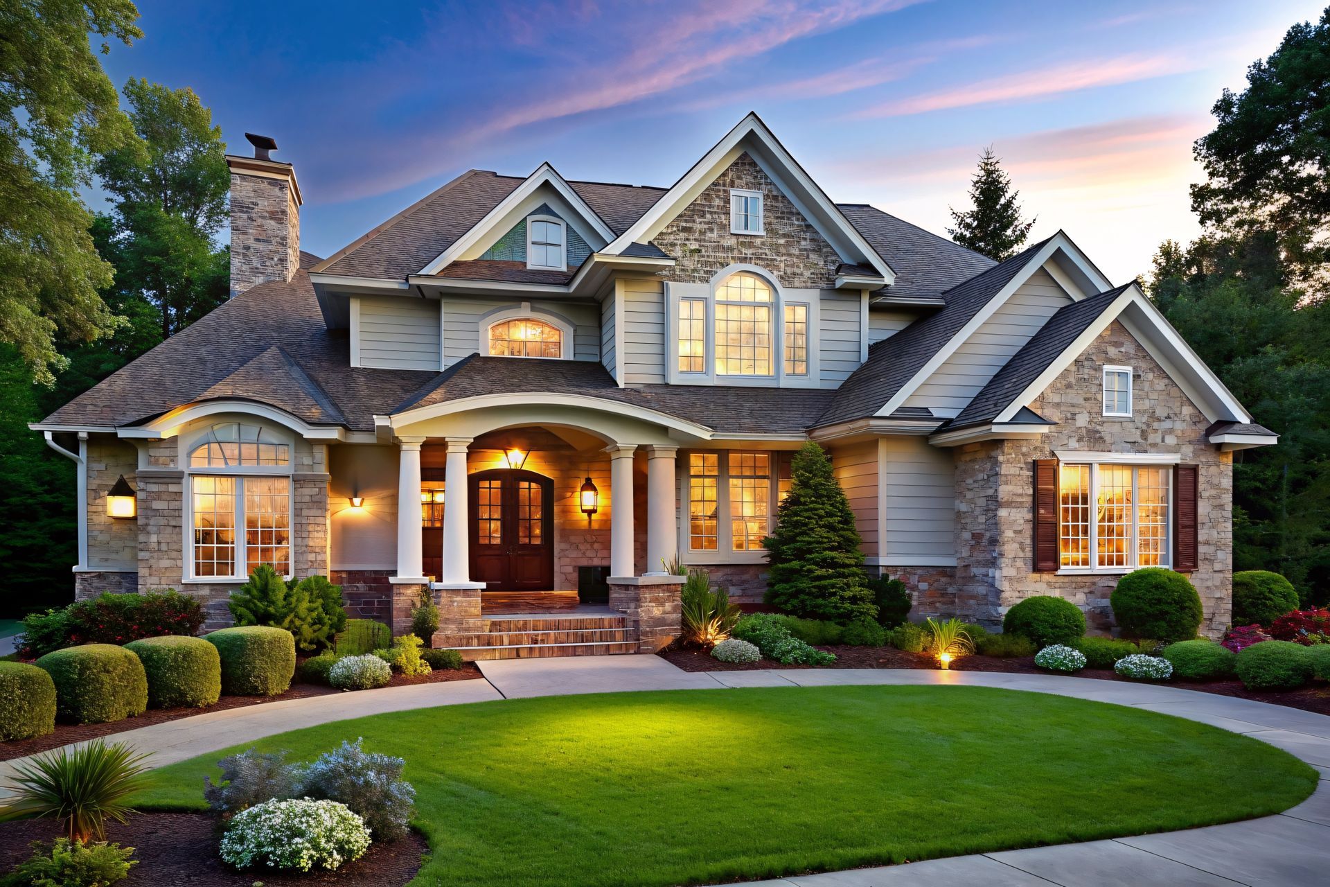 Luxury home with a stone and gray facade, manicured lawn, and lush landscaping at sunset. Luxury home with a stone and gray facade, manicured lawn, and lush landscaping at sunset.