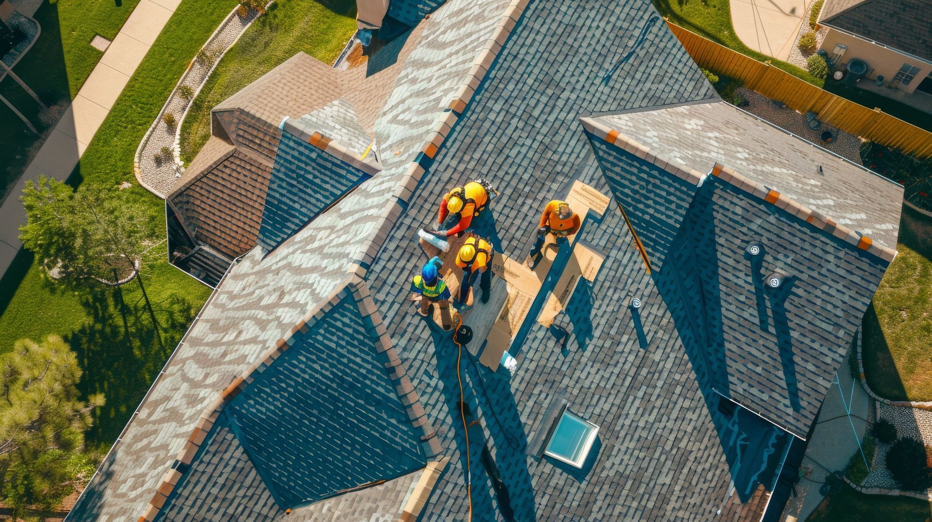 Roofers in hard hats working on a dark shingle roof, with a blueprint in hand.