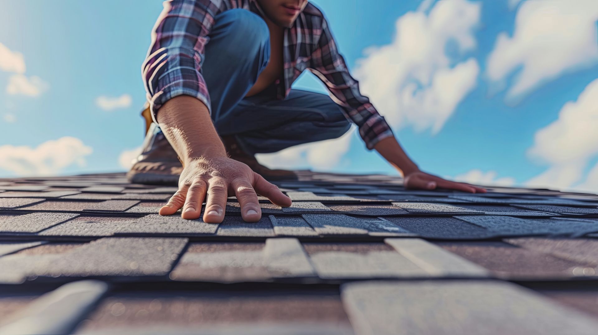 Person inspecting asphalt roof shingles under a blue sky.