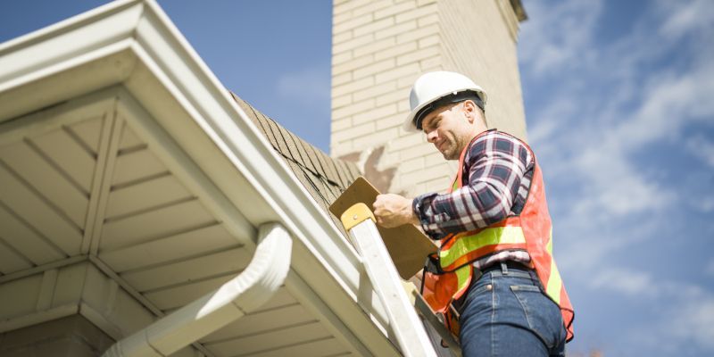 Construction worker in safety vest and hard hat inspects a building's roof and gutters.