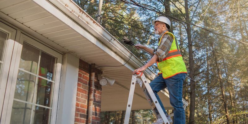 Person on ladder cleans a gutter on a house, wearing a hard hat and safety vest.