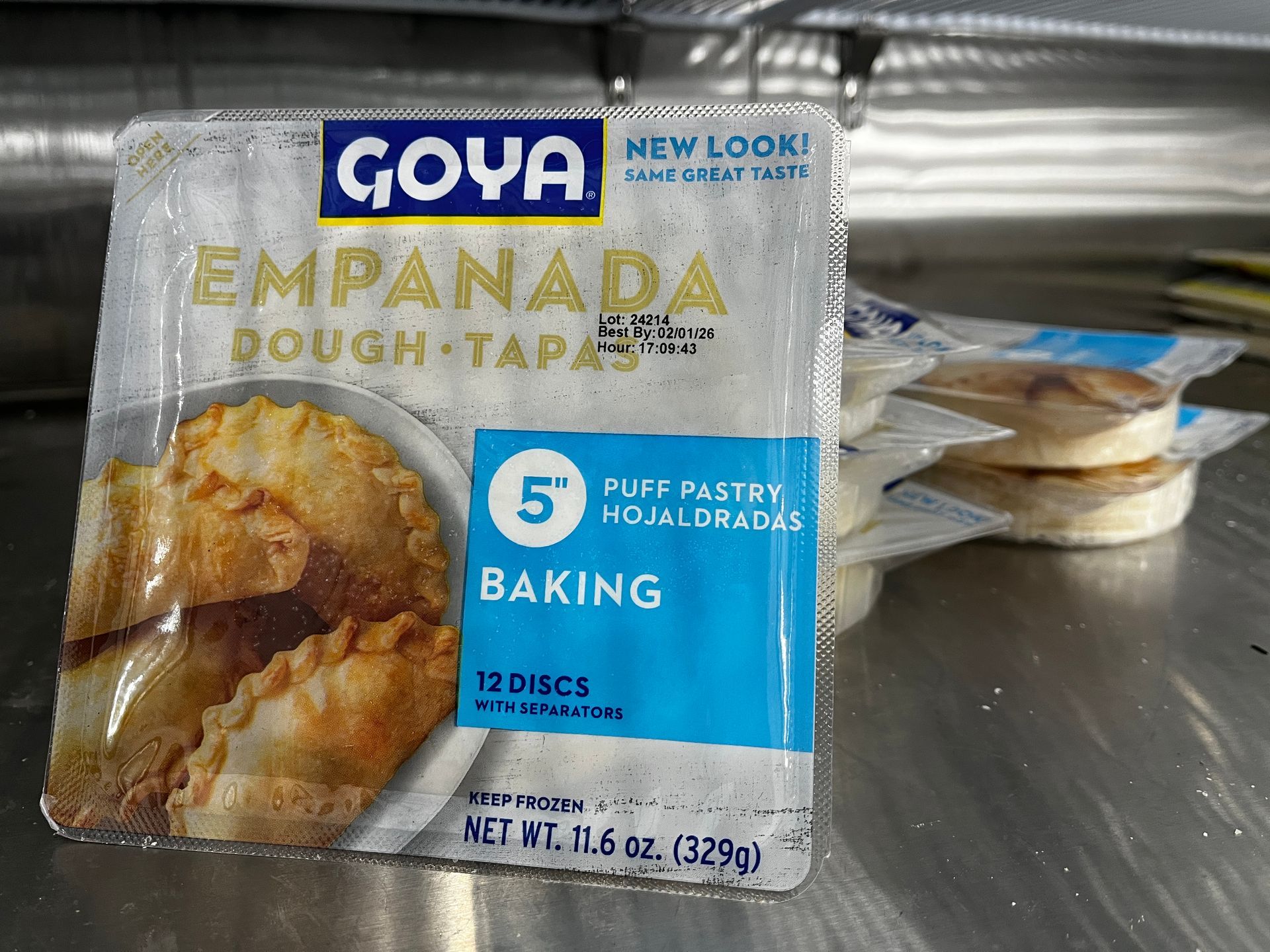 A package of goya empanada dough is sitting on a counter