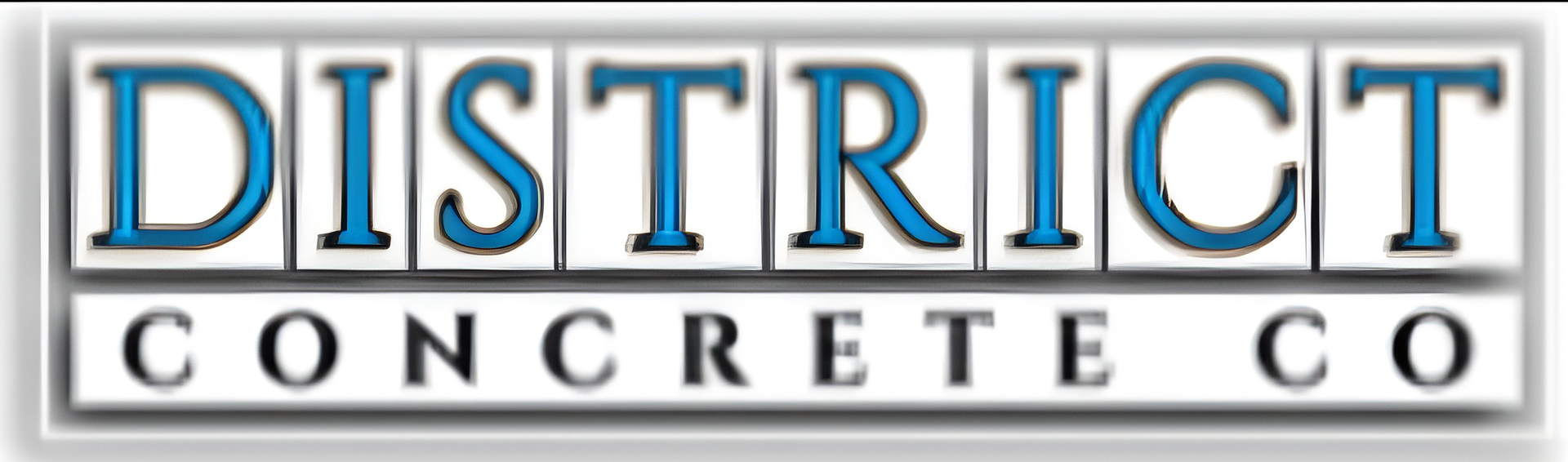 Logo for District Concrete Co. Blue "DISTRICT" above "CONCRETE CO" in black, all in a white box with a shadow.