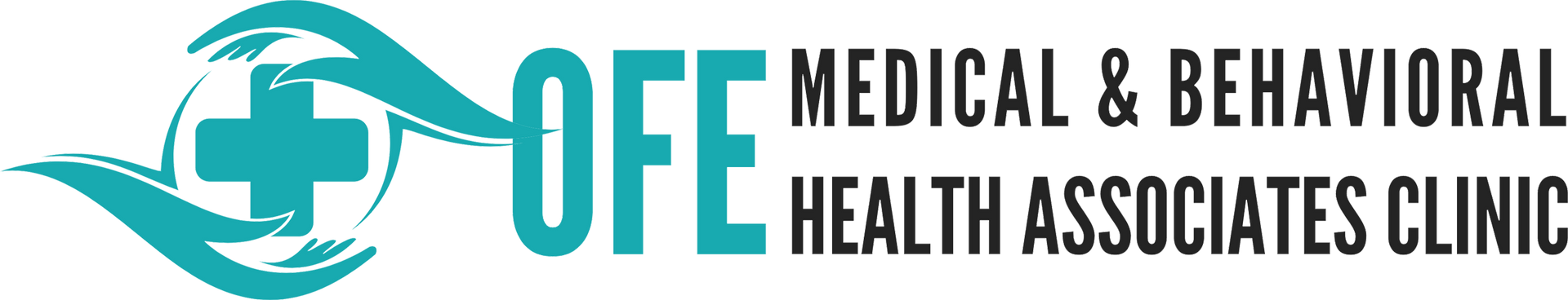 Logo for OFE Medical & Behavioral Health Associates Clinic; teal cross and swooshes, text on white background.