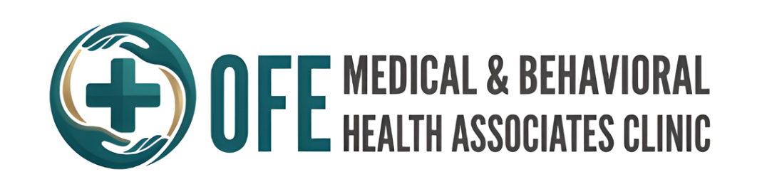 Logo for OFE Medical & Behavioral Health Associates Clinic; teal cross and swooshes, text on white background.